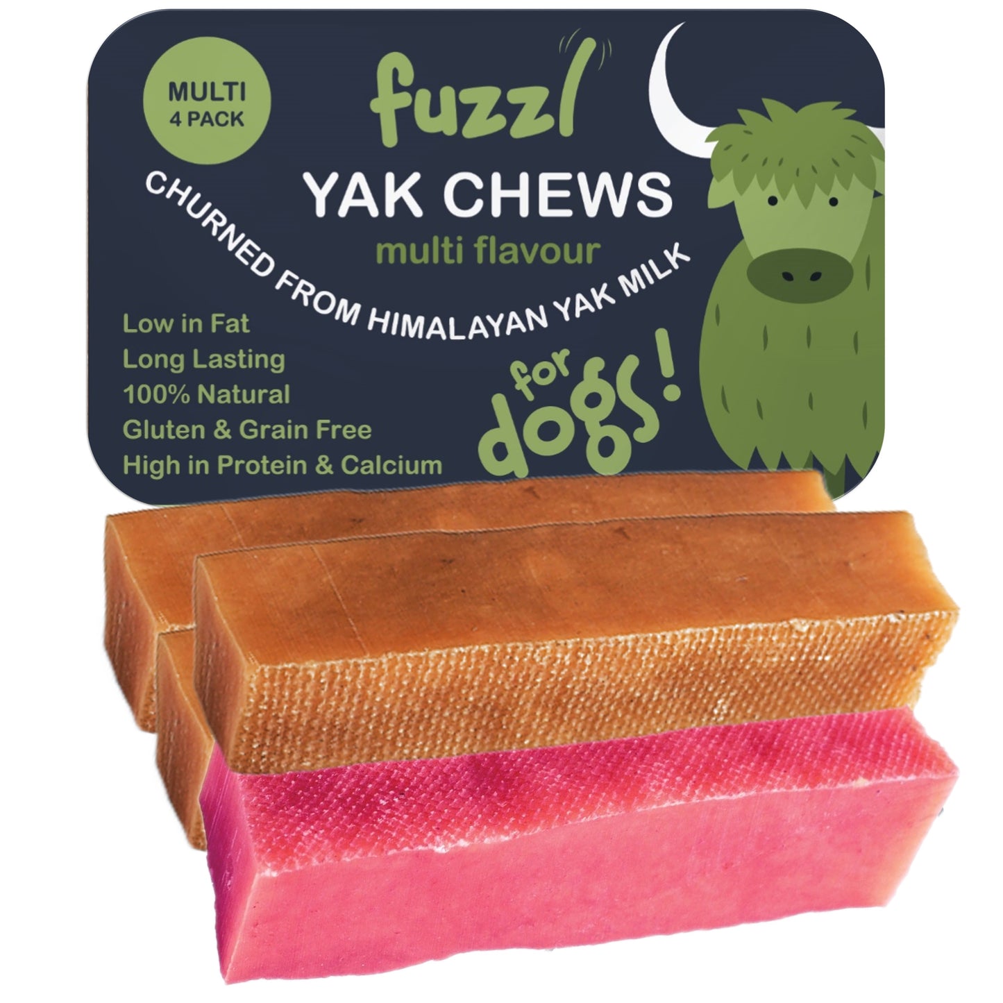 Fuzzl Yak Chews with Strawerry, Coconut, Turmeric, Original Medium 4 Pack - Himalayan Yak Chews for Dogs - Natural Dog Chew