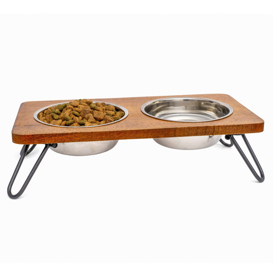 Fuzzl Raised Double Diner - Hardwood and Iron with Medium Food Grade Stainless Steel Bowls