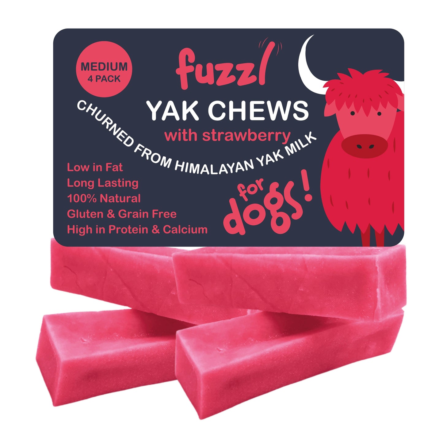 Fuzzl Yak Chews with Strawberry Medium 4 Pack - Himalayan Yak Chews for Dogs - Natural Dog Chew