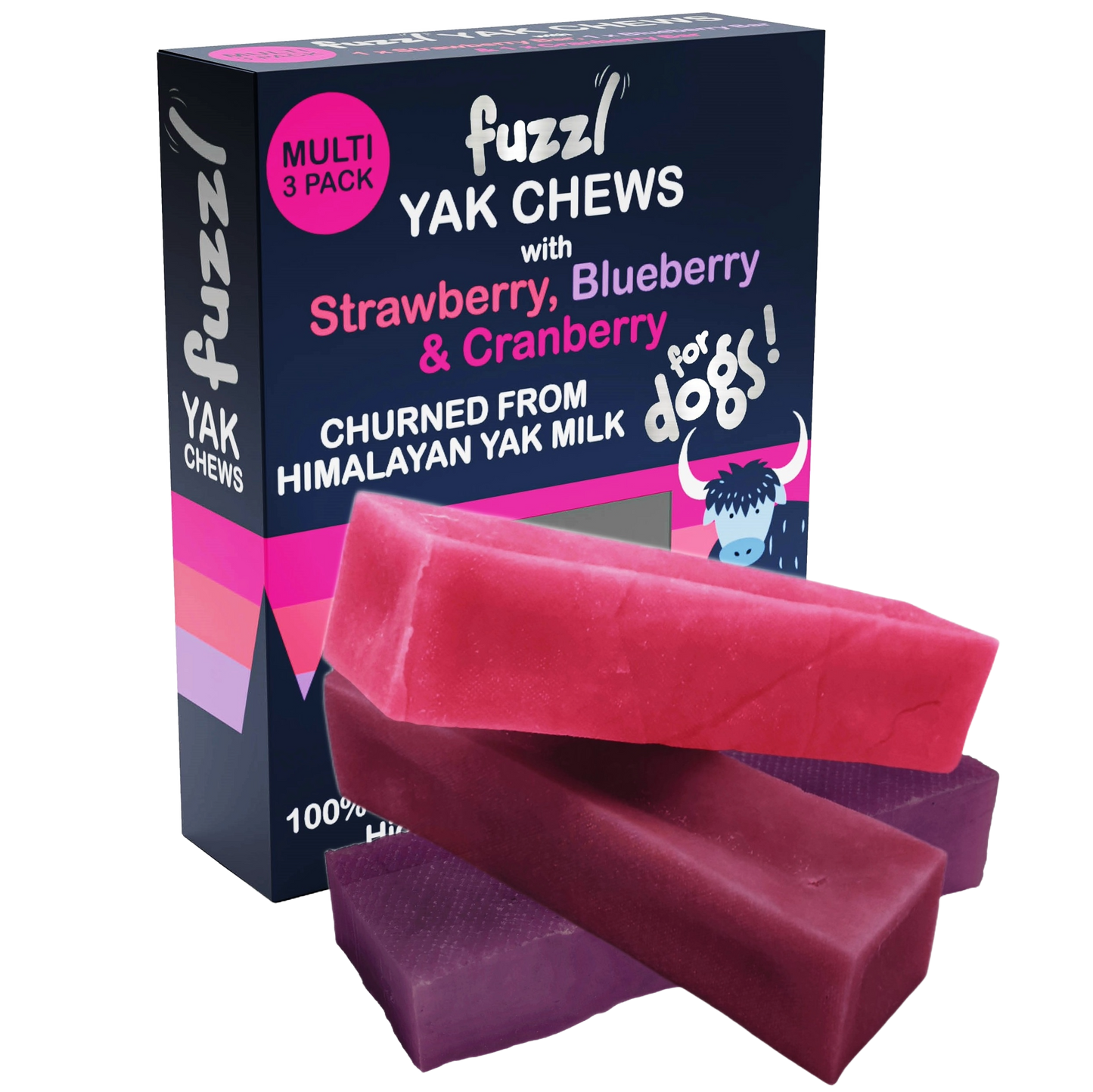 Fuzzl Yak Chews with Blueberry, Cranberry, Strawberry - Box of 3 - Himalayan Yak Chews for Dogs - Natural Dog Chew