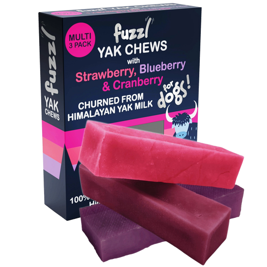 Fuzzl Yak Chews with Blueberry, Cranberry, Strawberry - Box of 3 - Himalayan Yak Chews for Dogs - Natural Dog Chew