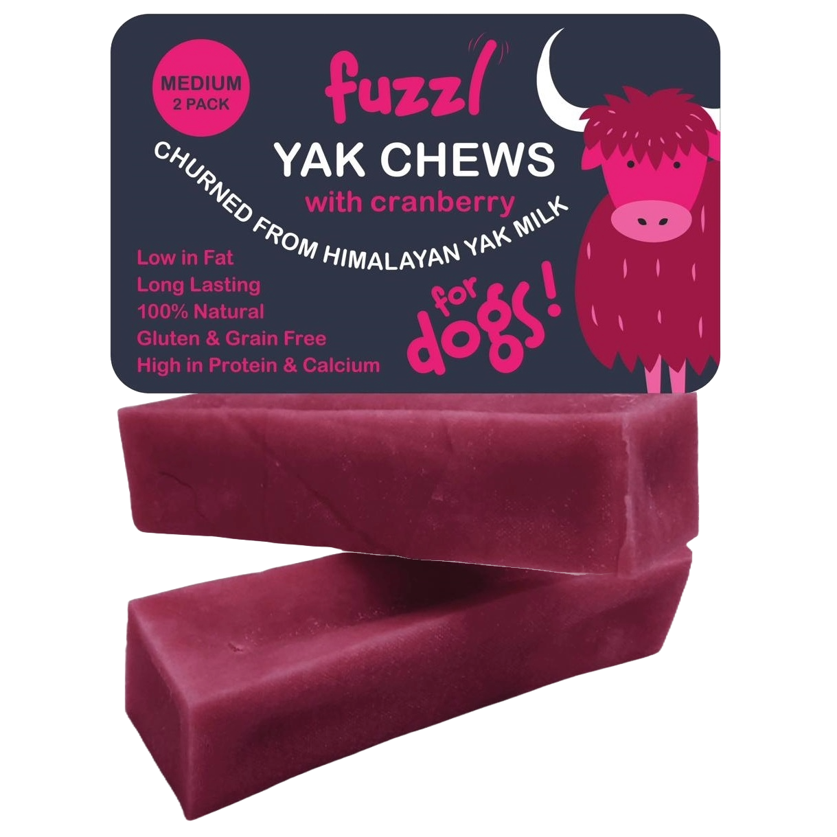 Fuzzl Yak Chews with Cranberry Medium 2 Pack - Himalayan Yak Chews for Dogs - Natural Dog Chew