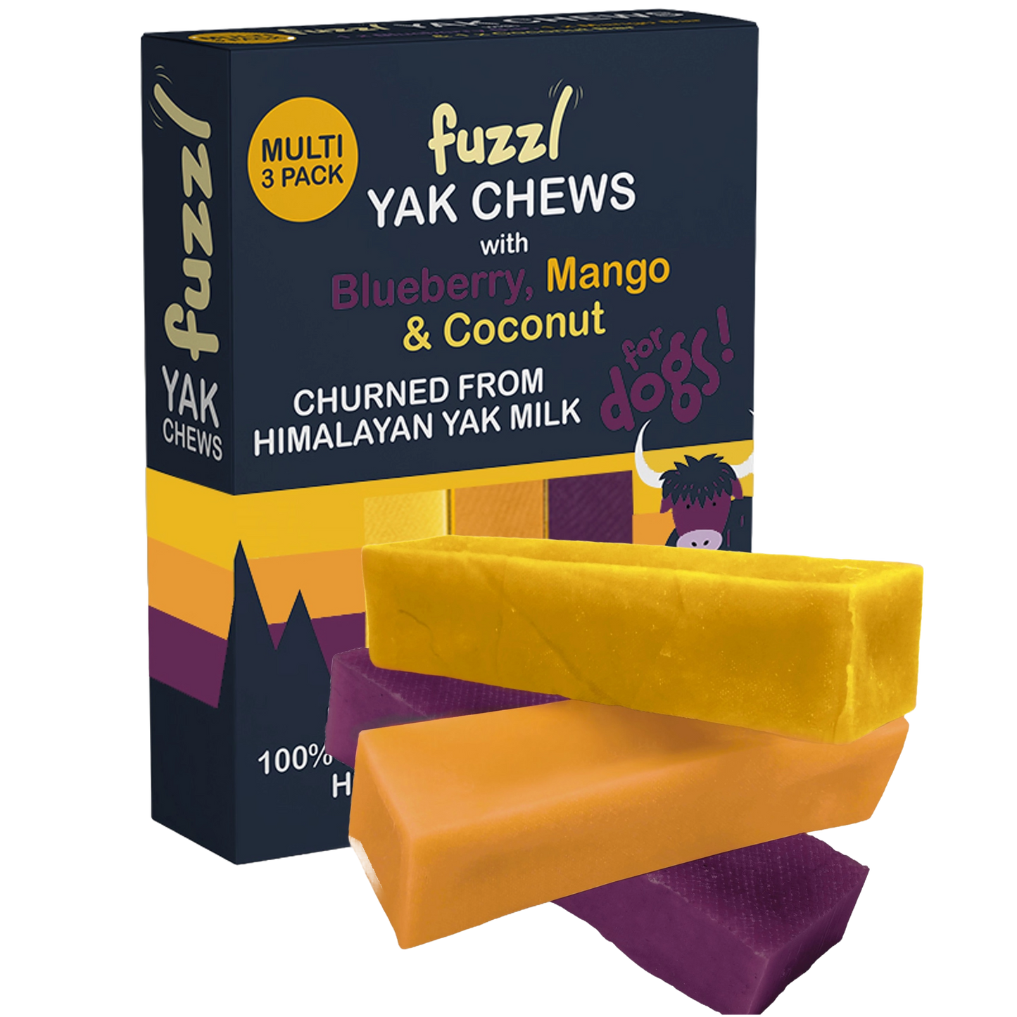 Fuzzl Yak Chews for Dogs - Medium 3 Pack Blueberry, Mango, Coconut Himalayan Yak Chews for Dogs - Natural Dog Chew