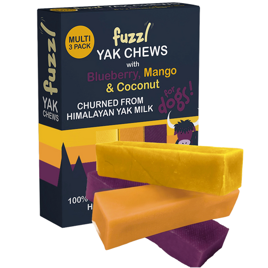 Fuzzl Yak Chews for Dogs - Medium 3 Pack Blueberry, Mango, Coconut Himalayan Yak Chews for Dogs - Natural Dog Chew