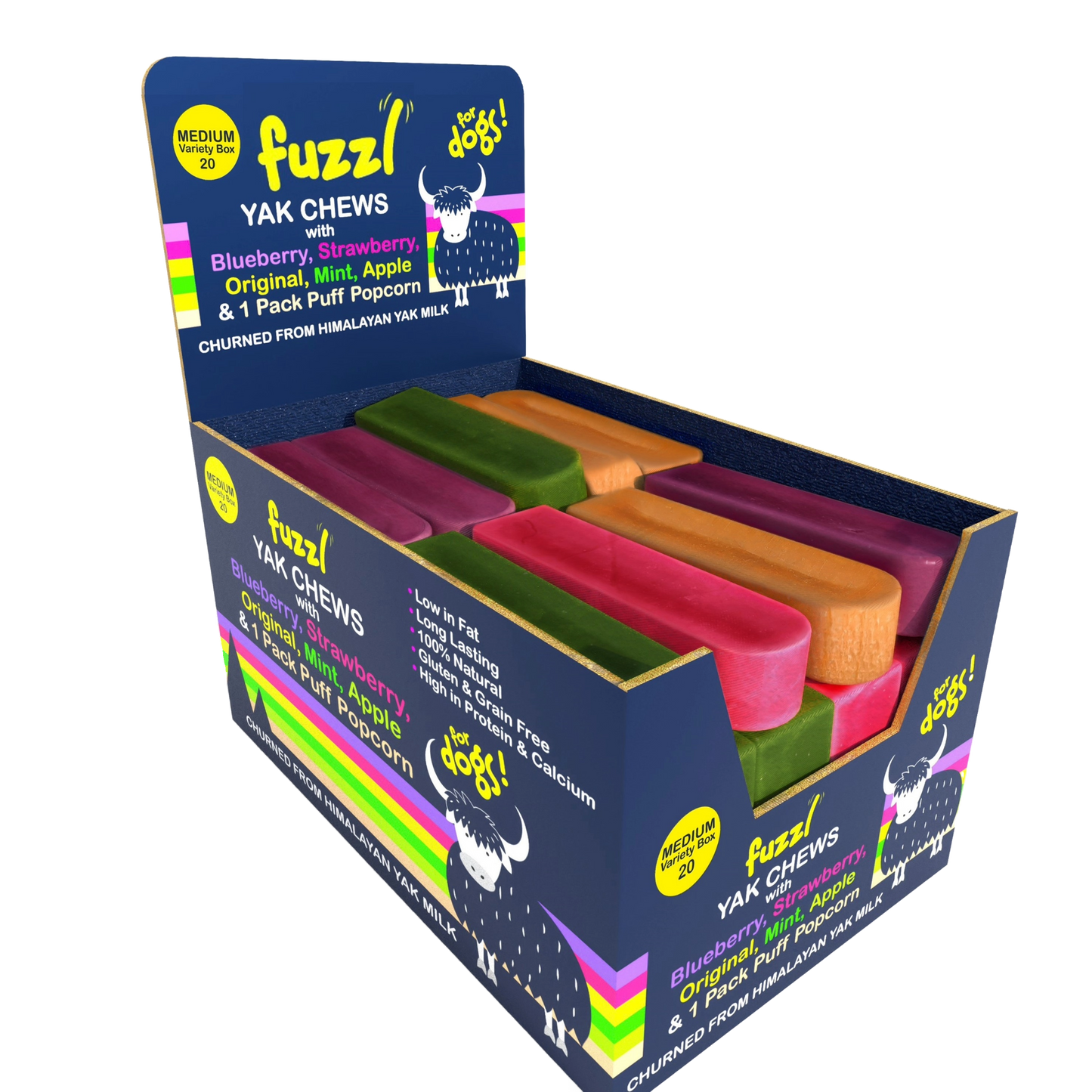 Fuzzl Himalayan Yak Chews - Medium Variety Box 20 - 4 Blueberry, 4 Strawberry, 4 Original, 4 Mint, 4 Apple Plus Free Yak Bites