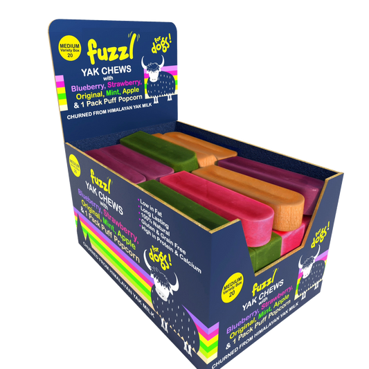 Fuzzl Himalayan Yak Chews - Medium Variety Box 20 - 4 Blueberry, 4 Strawberry, 4 Original, 4 Mint, 4 Apple Plus Free Yak Bites