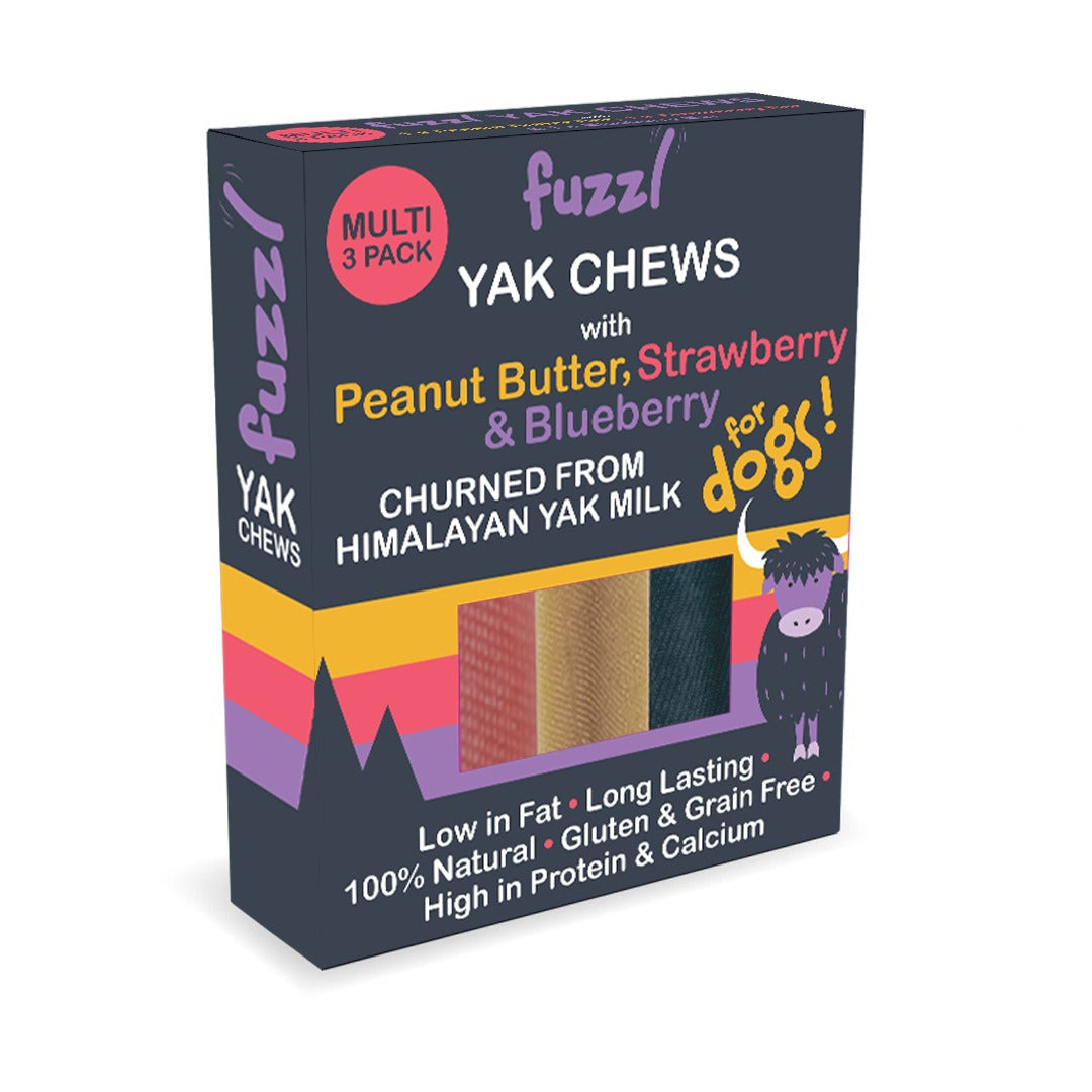 Fuzzl Yak Chews for Dogs - Medium 3 Pack with Peanut Butter, Strawberry & Blueberry Himalayan Yak Chews for Dogs - Natural Dog Chew