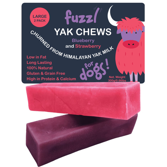 Fuzzl Yak Chews Large 2 Pack Blueberry and Strawberry - Himalayan Yak Chews for Dogs - Natural Dog Chew