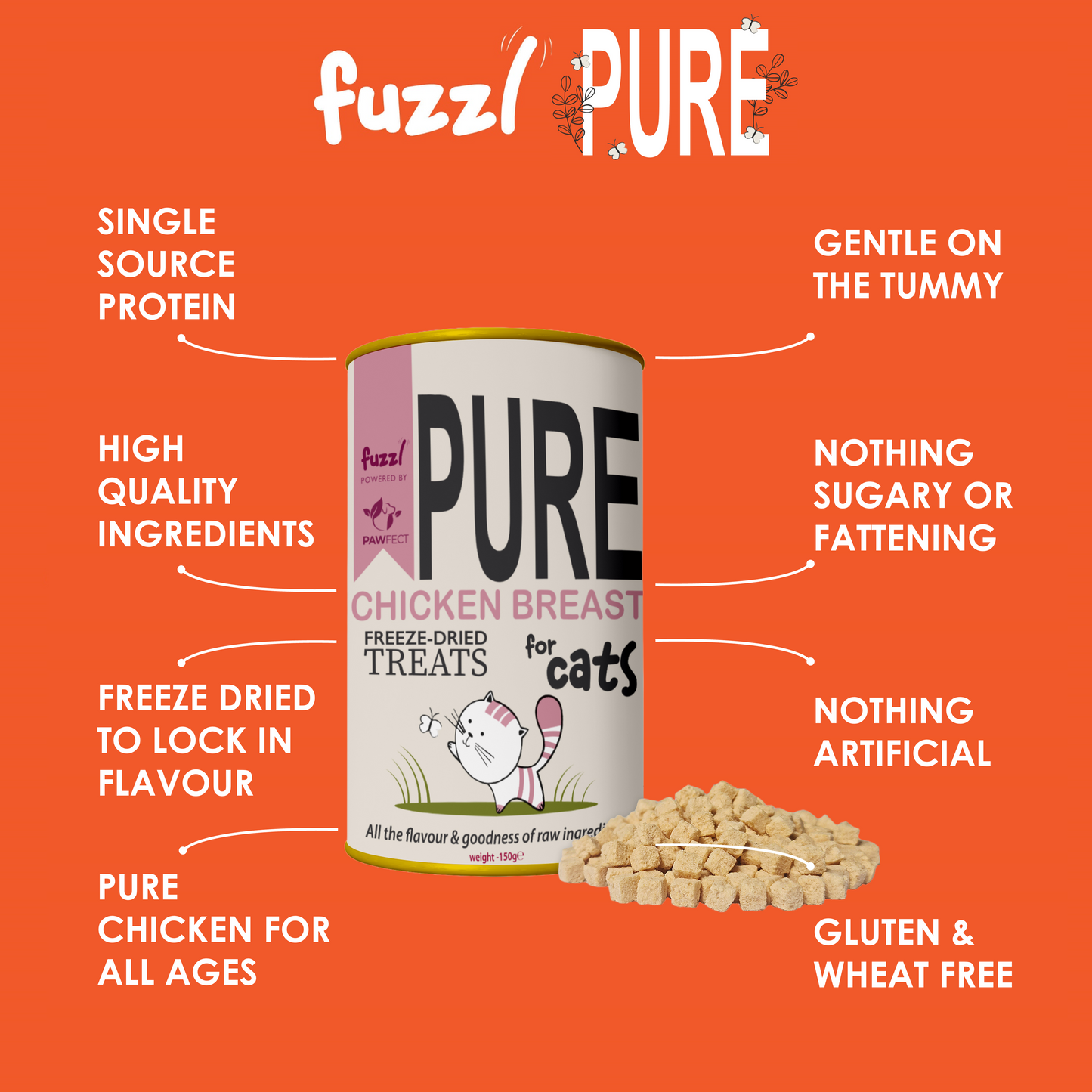 Fuzzl Pure Freeze Dried 100% Chicken Cat Treats and Cat Food Topper 150g Maxi Tube